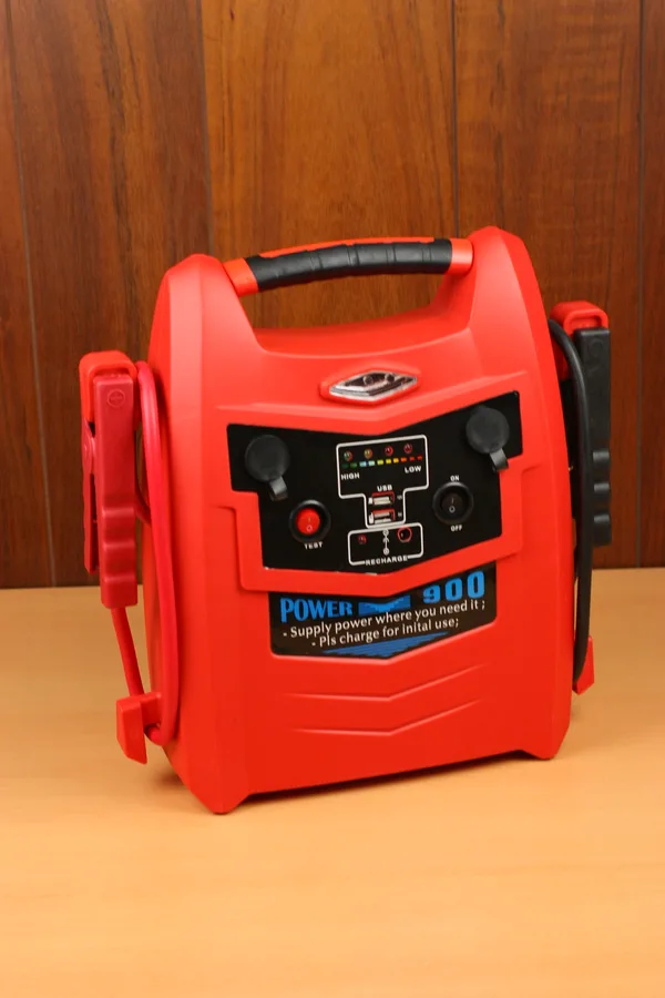 A jump-start battery pack with clamp cables shown as a category example.